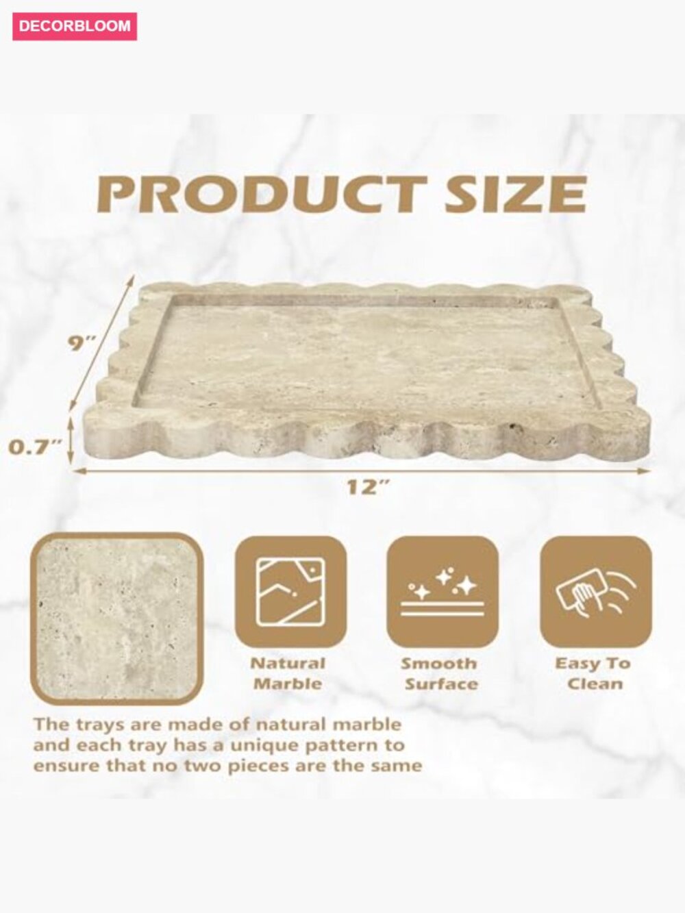 Scalloped Marble Vanity Tray 12x9 inch - Natural Stone Jewelry Display - Picture 3 of 6